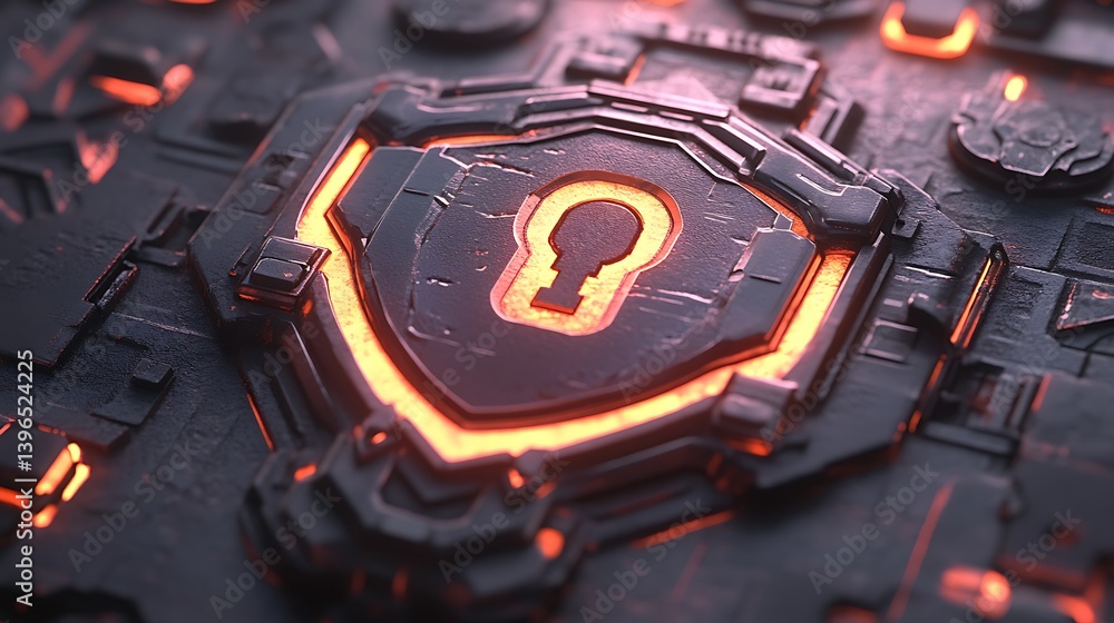 Poster digital fortress: a captivating visualization of a futuristic cybersecurity shield, showcasing advan