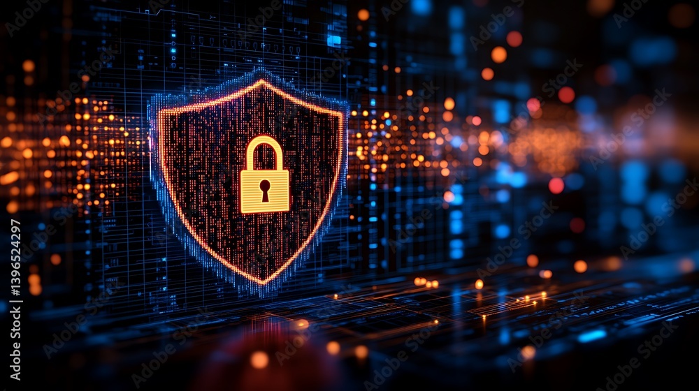 Poster cybersecurity shield: a digital shield with a prominent padlock, symbolizing robust security and dat