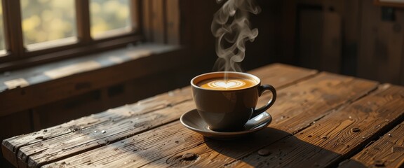 A steaming cup of rich, dark coffee sits elegantly on a rustic wooden table, its surface adorned with natural grain patterns. Soft morning light casts gentle shadows, enhancing the cozy atmosphere.