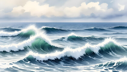 Fototapeta premium Waves of the sea rise and crash against the backdrop of a cloudy, watercolor-style sky.