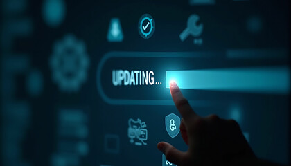 Finger touching updating bar on a digital screen with various icons in a blue color scheme display