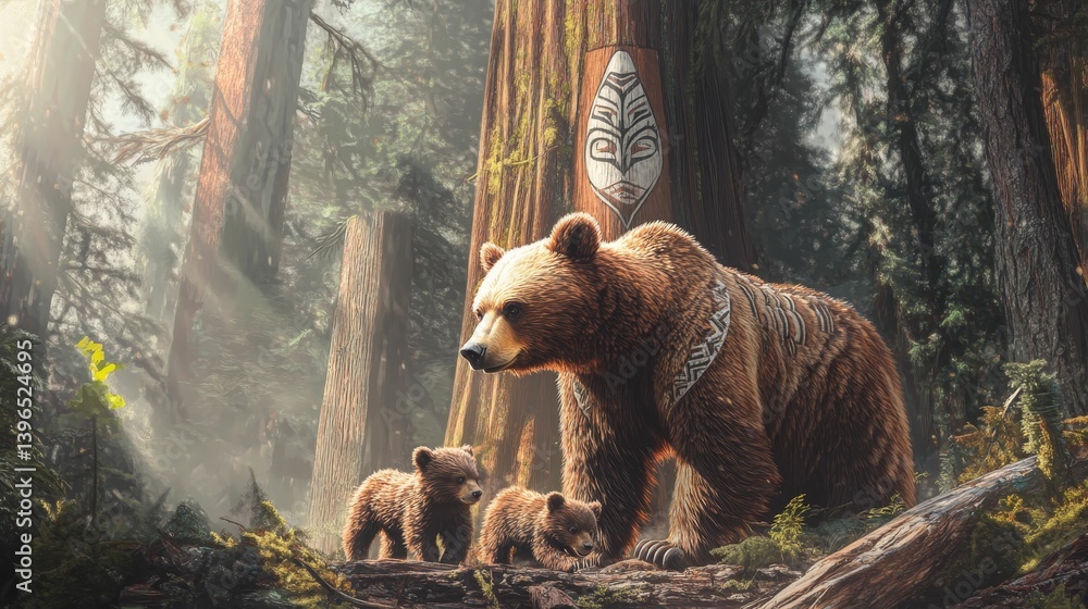 Poster brown bear with two cubs in a forest with sunlight filtering through trees.