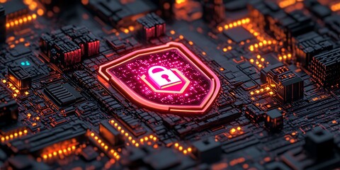 Digital Fortress: A close-up shot reveals a sophisticated motherboard adorned with a glowing emblem, a metaphor for digital protection and data security.