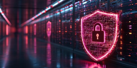 Data Security: The image features an illuminated shield with a prominent lock, a potent symbol of robust protection, illuminating a server room environment.