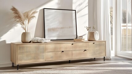 Minimalist Living Room Decor with Empty Frame and Natural Elements