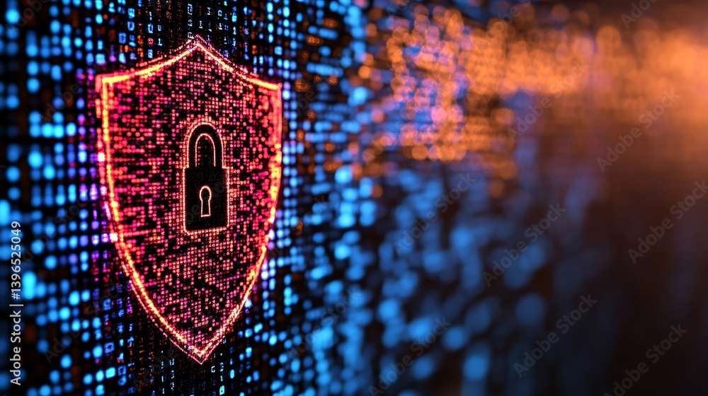 Poster digital shield: a luminous shield, emblazoned with a lock icon, is at the forefront of an immersive 