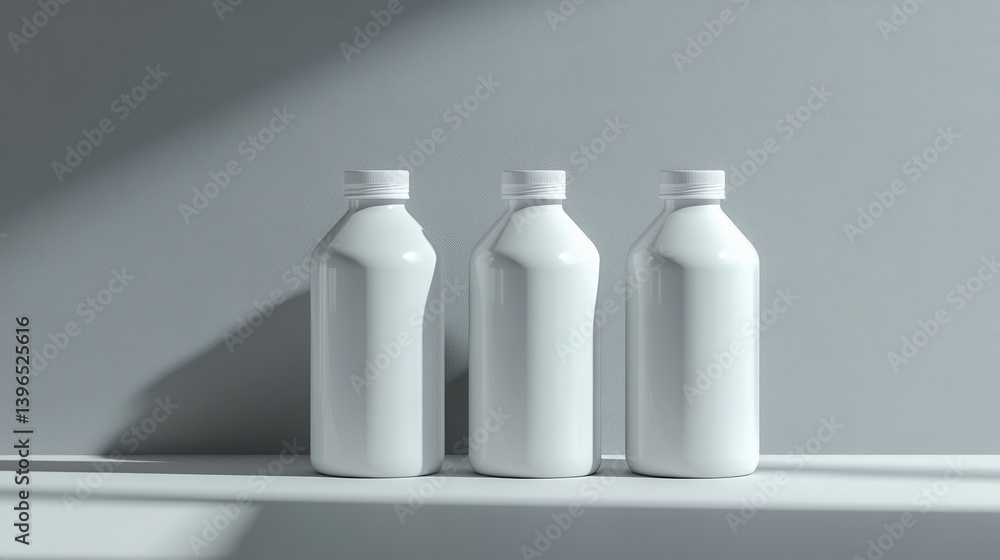 Poster three minimalist white bottles sit on a simple shelf against a textured gray background, illuminated