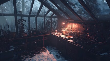 Warm Greenhouse in Winter with Snow Covered Plants and Light