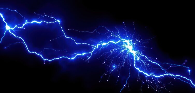 Electric blue sparks arc and flow, illuminating the inky black, magical, background, glowing