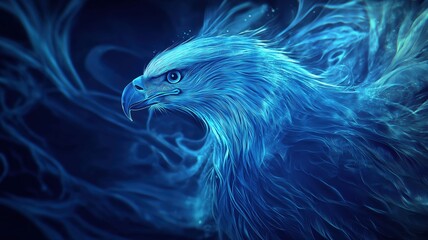 Blue majestic eagle soaring through a mystical landscape at twilight