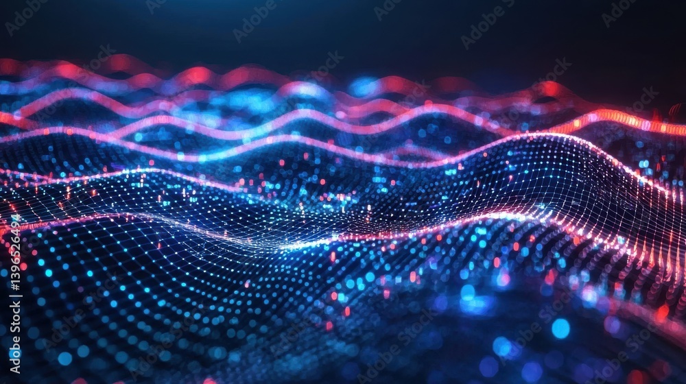 Poster a vibrant digital wave pattern with blue and red lights, creating a dynamic and futuristic visual ef