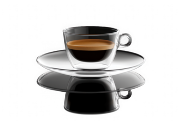 Espresso in clear cup on saucer with reflection on surface
