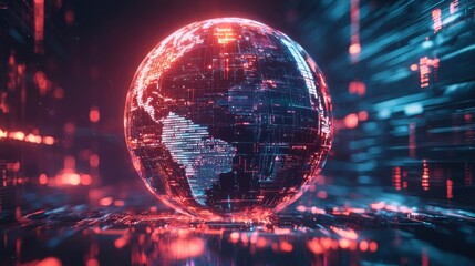 Obraz premium A glowing digital globe surrounded by vibrant data streams, representing a fusion of technology and global connectivity.