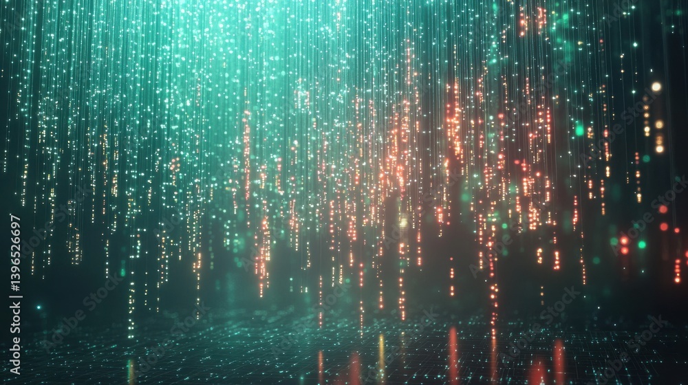 Poster a vibrant, abstract depiction of cascading light patterns resembling rain, infused with teal and war