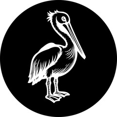 Stylized pelican illustration on a bold black circular background design