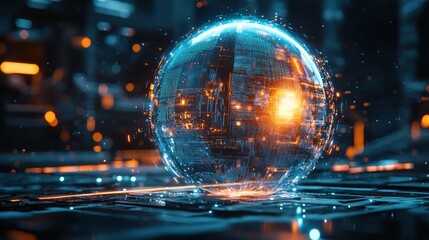 A futuristic digital sphere surrounded by glowing circuitry and abstract light patterns, symbolizing advanced technology and innovation.