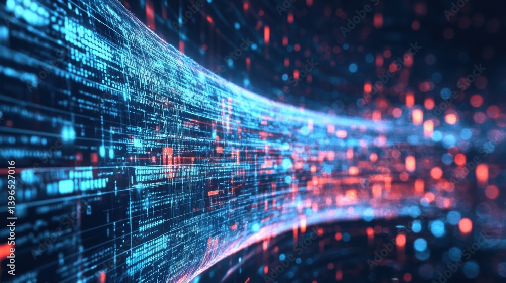 Poster a vibrant digital abstract representation of flowing data streams, showcasing a blend of blue and re