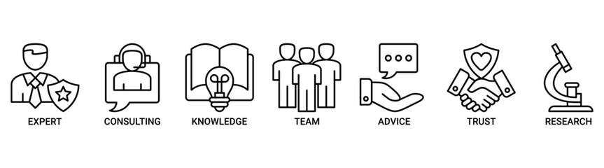 Expertise icon set. Containing icon of expert, consulting, knowledge, team, advice, trust, and research icons. Outline vector symbol background.