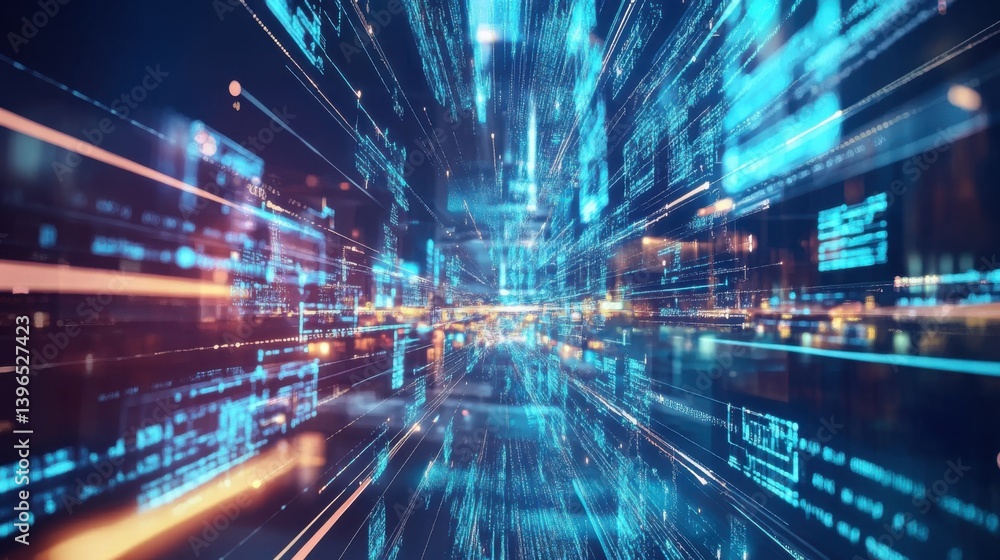 Poster a futuristic digital landscape with streaks of light and data elements, representing speed and techn