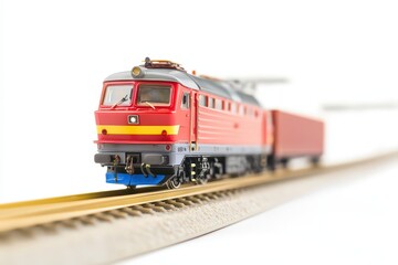Obraz premium A vibrant model train navigating a miniature railway with a blurred background, showcasing precision
