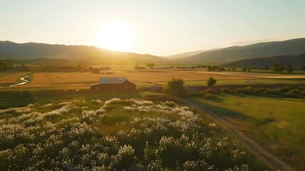 Golden hour background of tranquil farm landscape featuring wide fields a rustic farmhouse and blooming wildflowers perfect for eco friendly products outdoor branding and farm to fork campaigns