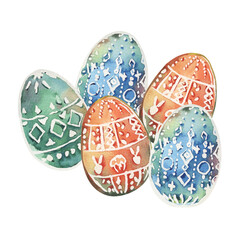 Easter composition of painted eggs with stylized, geometric decorative pattern. Illustration is painted with watercolors of green, blue, orange colors. White ornament of dots, circles, rhombuses