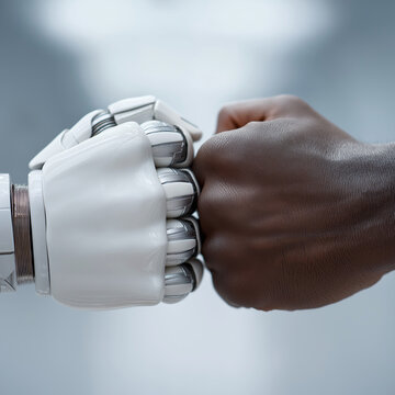 Close-up of two hands, one human and the other robotic, engaged in an arm-wrestling pose against a grey, futuristic-looking background. The image has a hyper-realistic photographic