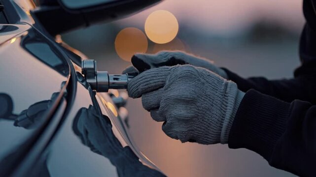 Professional Locksmith Working on Car Door, Security Expertise at Dusk
