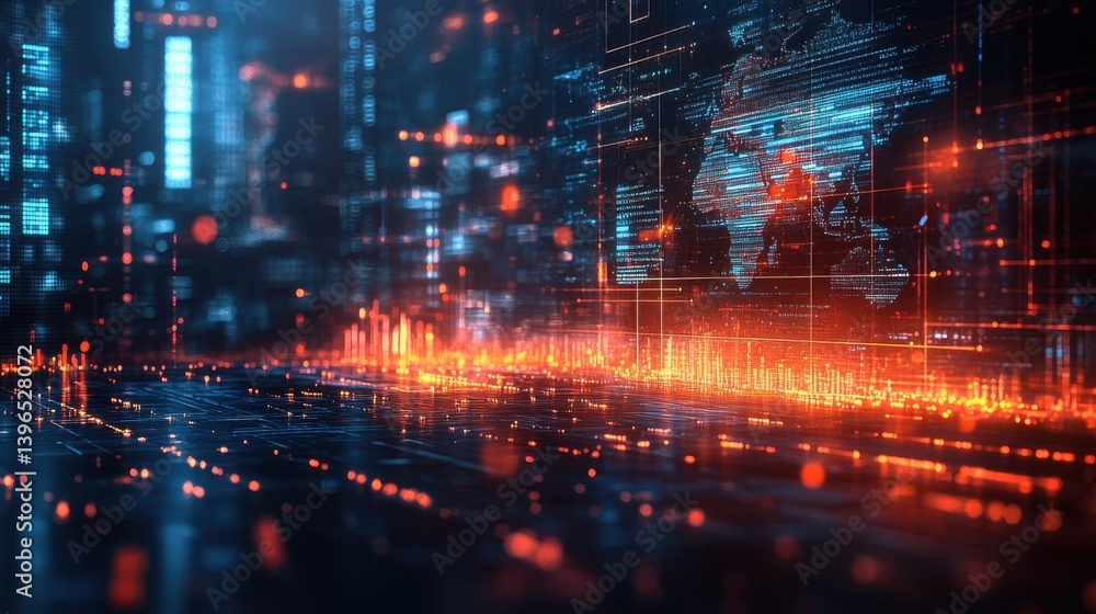 Poster a vibrant digital landscape depicting glowing data visualizations and a world map, showcasing advanc
