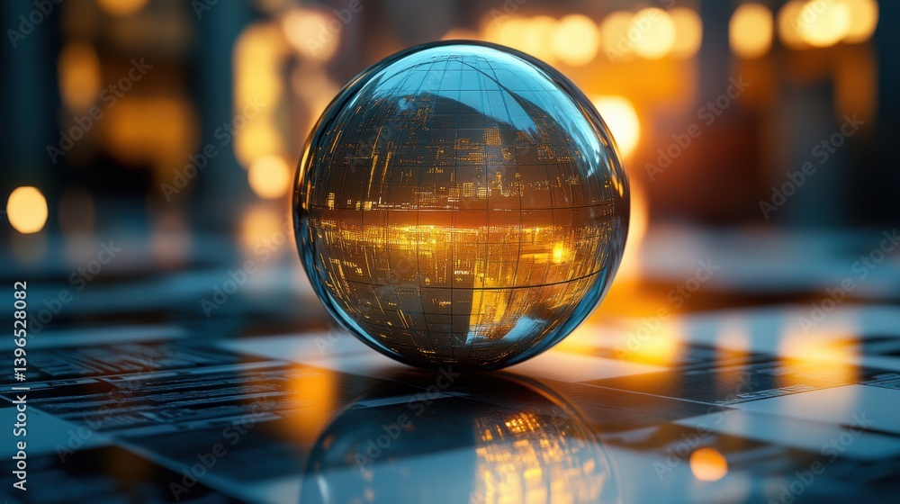 Poster a reflective glass sphere rests on a patterned surface, capturing warm light and an urban backdrop, 