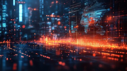A vibrant digital landscape depicting glowing data visualizations and a world map, showcasing advanced technology and network connectivity.