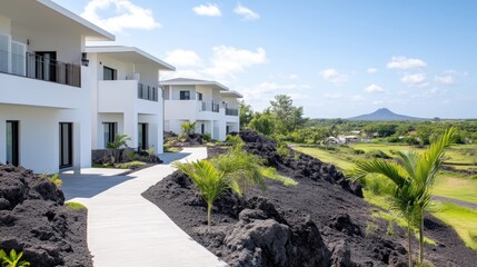 Modern villas overlooking volcanic landscape
