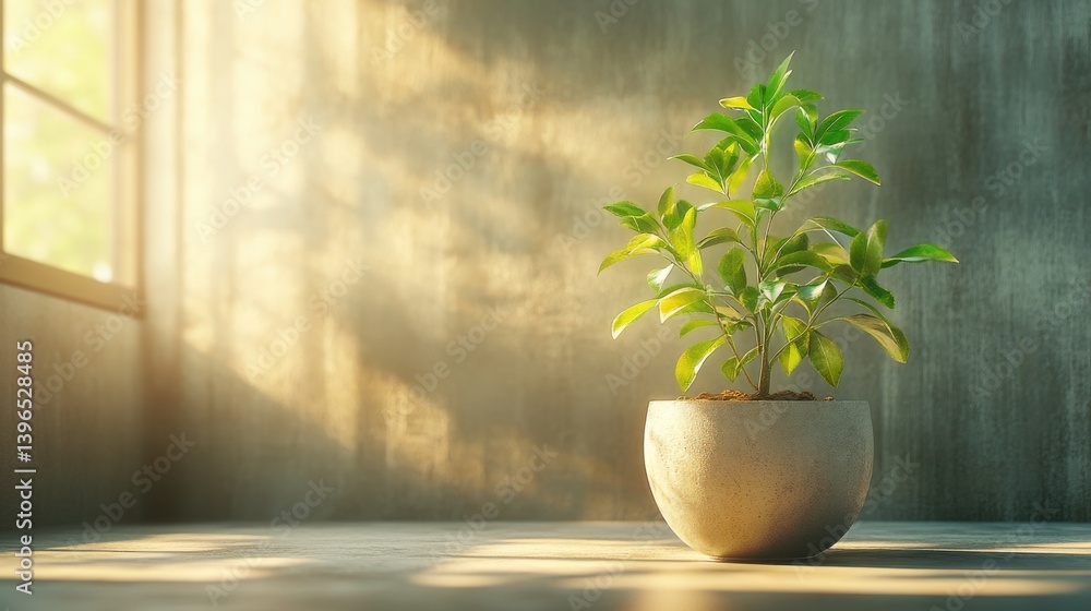 Poster a small green plant in a round pot is illuminated by soft sunlight, creating a serene atmosphere in 