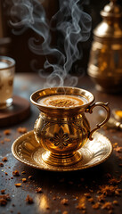 "Sultan’s 'Saffron Turkish Coffee' served in a gold-plated cezve."
