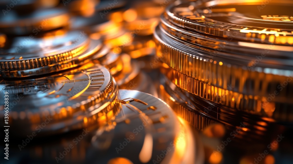 Poster a close-up view of shimmering coins reflecting warm light, showcasing intricate designs and textures