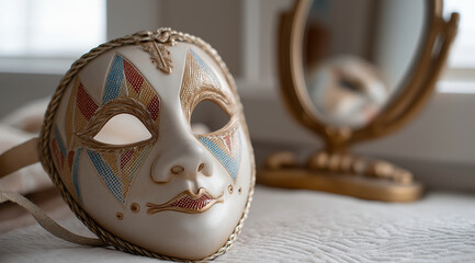 A white carnival mask with colorful patterns is placed on the bed, next to it is an antique mirror reflecting its reflection, in which you can see two different masks - one is laug