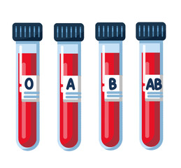 Blood sample for medical test with different blood types label. Set of blood test tubes isolated on white background. Suitable elements design for laboratory research, chemistry, and medical analysis.