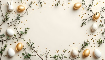 A Festive Easter Arrangement with Eggs, Bunny, and Blossoms