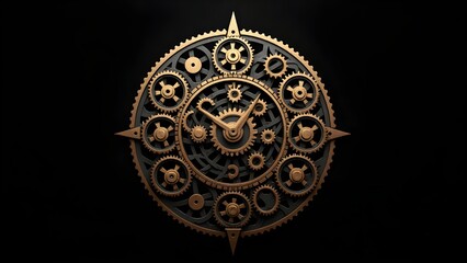 Obraz premium Steampunk-Inspired Mechanical Clock with Intricate Brass Gears – Vintage Industrial Gear System, Dark Background, Antique Precision Engineering, Complex Retro Futuristic Machinery Art