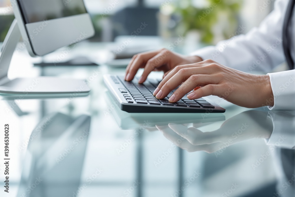 Poster Close-up of hands typing on a keyboard in modern office environment.