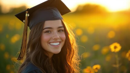 A smiling graduate in a cap stands in a sunlit field filled with sunflowers, celebrating a significant milestone in her academic journey.