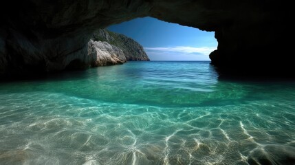 Obraz premium Crystal-clear turquoise water, cave opening to ocean