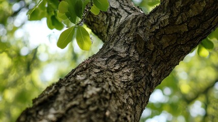 Obraz premium Close-Up View of Tree Bark with Green Leaves in Natural Environment