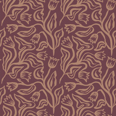 Fototapeta premium Brush strokes inky flowers brown seamless pattern. Abstract floral contemporary background. Textured botanical minimalist wallpaper