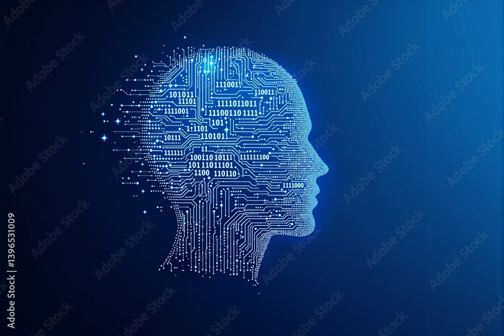 Poster Digital human head with circuit board and binary code on blue background.