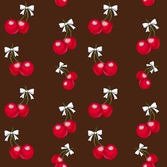 Seamless pattern of a twigs of ripe cherry with white bow on a chocolate mocha background. 