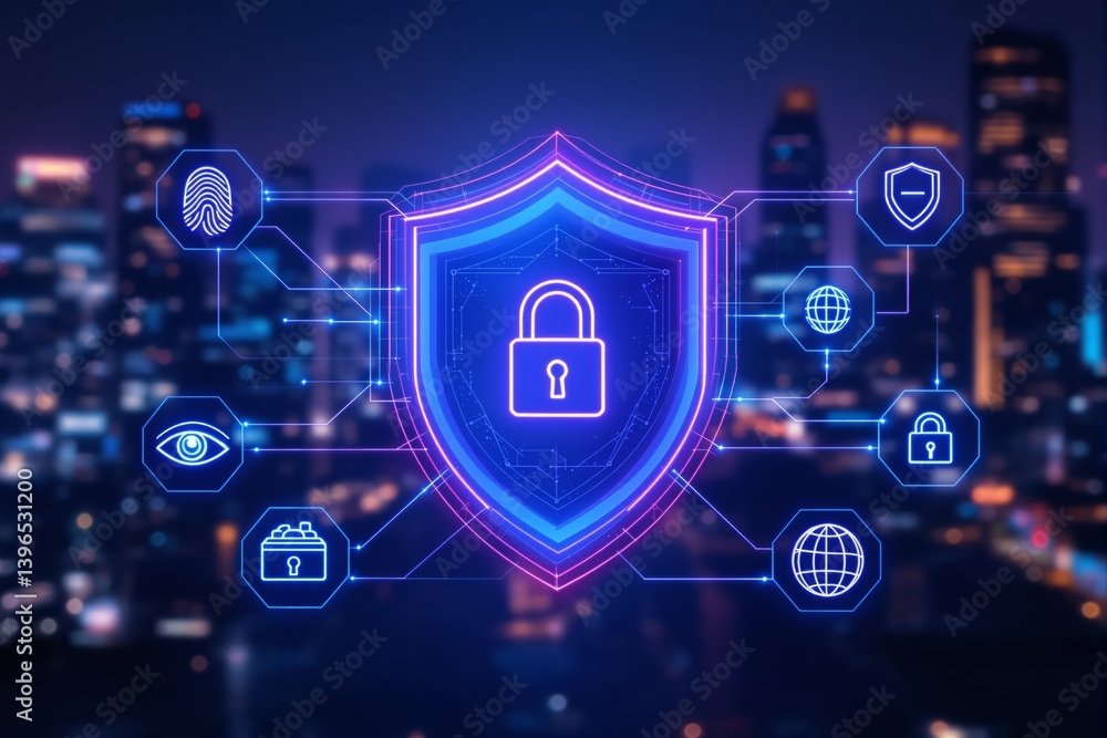 Poster cybersecurity digital shield with lock symbol in neon style.