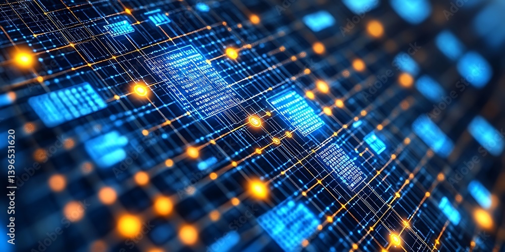 Poster digital circuitry: a close-up view of a complex digital circuit board, highlighting the intricate ne