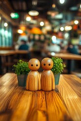Wooden figures, restaurant, people, blurred