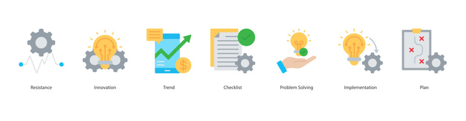Change Management Process icon sheet vector resistance, innovation, trend, checklist, problem solving, implementation, plan